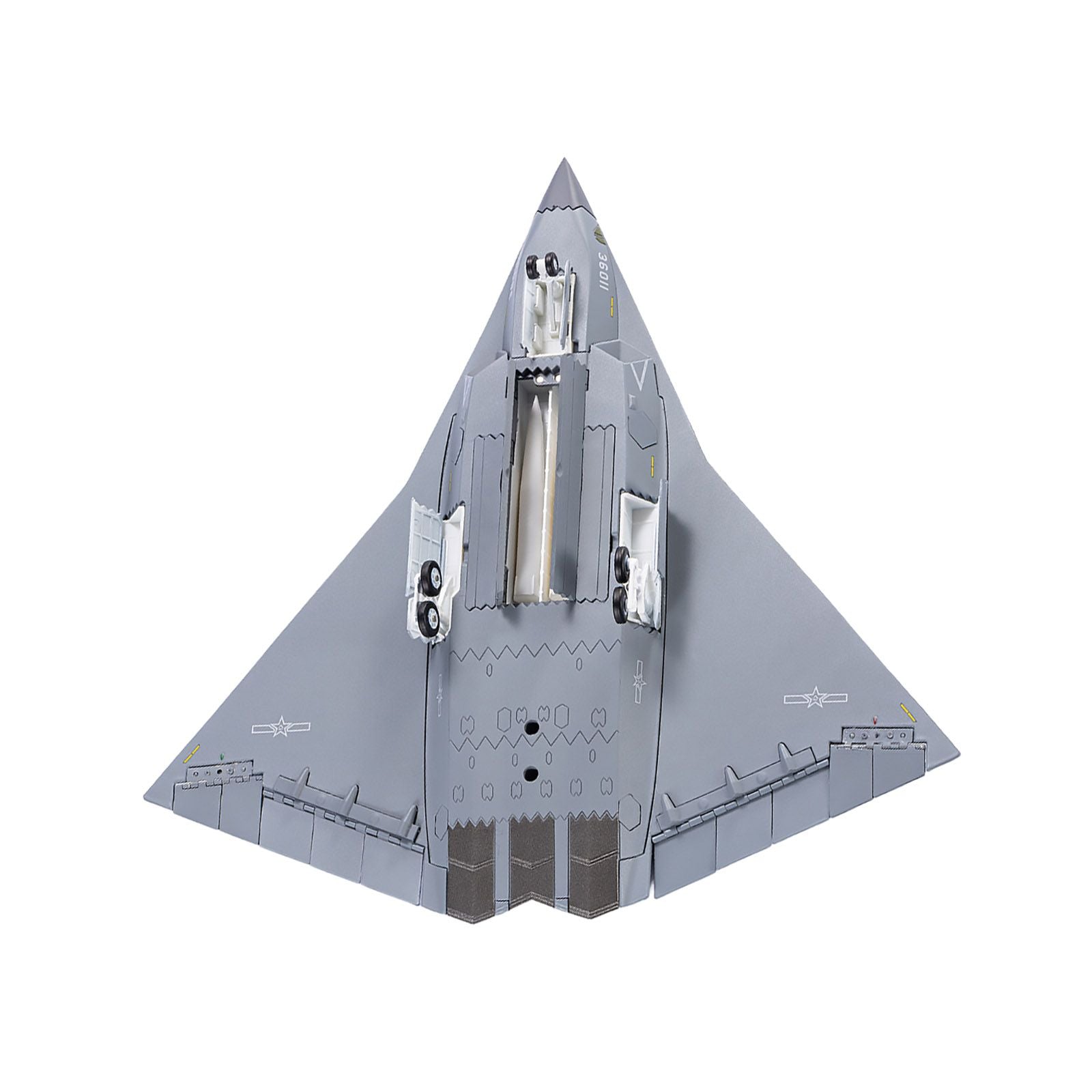 Gray stealth aircraft model, top view.