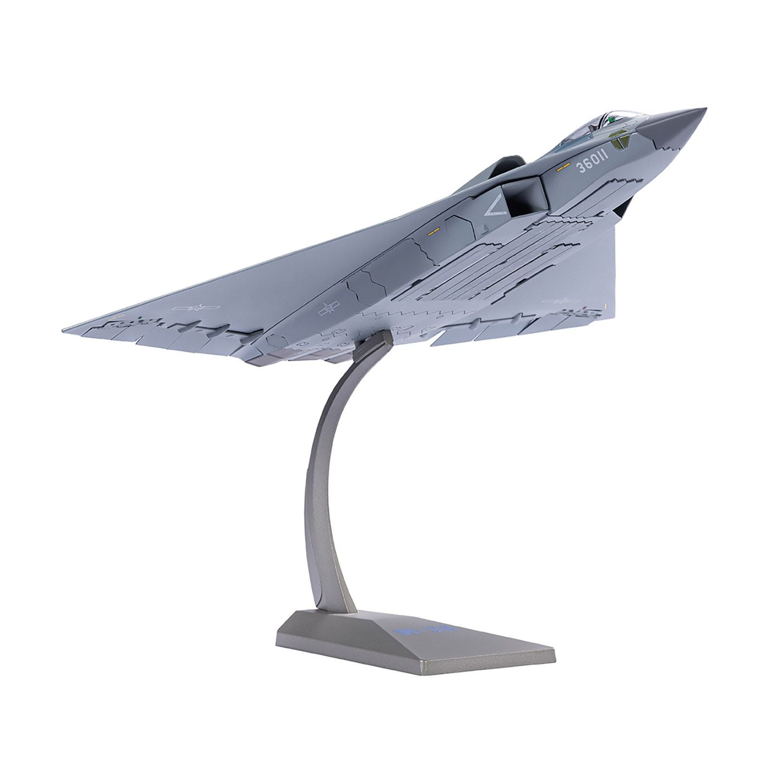 AF1-0323-5__69443 - Model of a gray stealth fighter jet on display stand