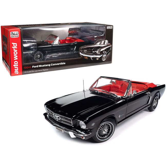 1964 1/2 Ford Mustang Convertible Raven Black with Red Interior "American Muscle" Series 1/18 Diecast Model Car by Auto World
