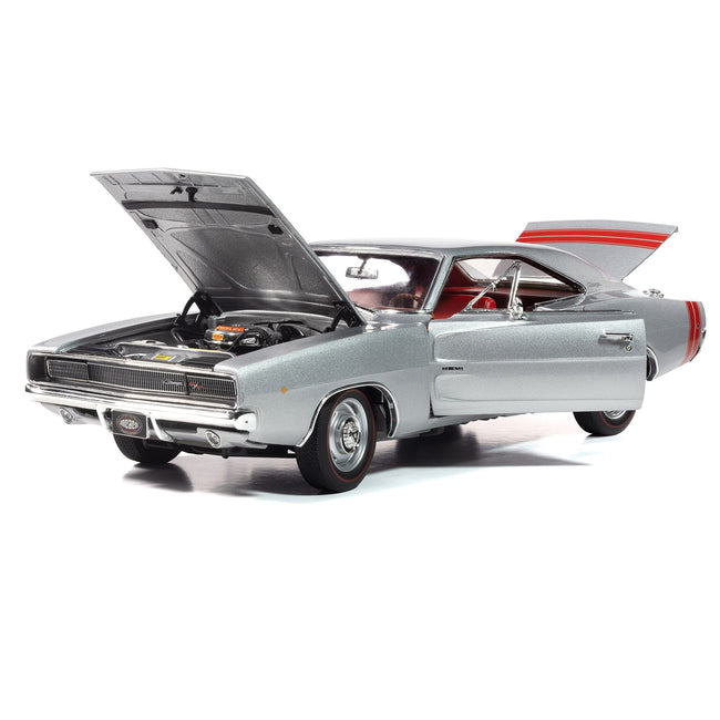 1968 Dodge Charger R/T "Muscle Car & Corvette Nationals" (MCACN) Silver Metallic with Red Interior "American Muscle" Series 1/18 Diecast Model Car by Auto World