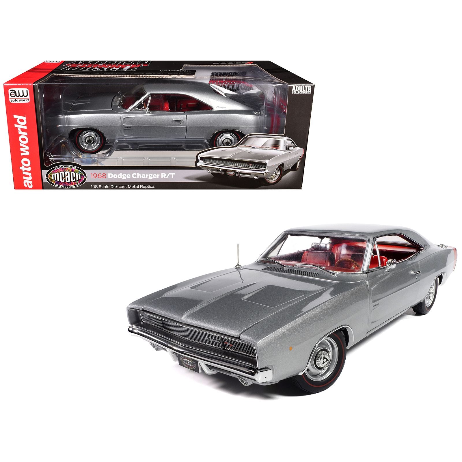 1968 Dodge Charger R/T "Muscle Car & Corvette Nationals" (MCACN) Silver Metallic with Red Interior "American Muscle" Series 1/18 Diecast Model Car by Auto World