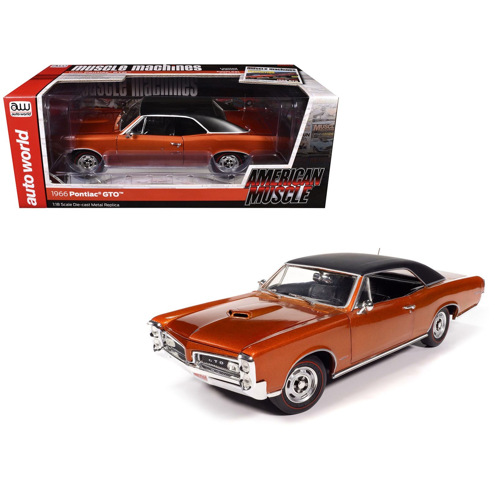 1966 Pontiac GTO Copper Blaze Metallic with Black Vinyl Top "Hemmings Muscle Machines July 2024 Cover Car" "American Muscle" Series 1/18 Diecast Model Car by Auto World