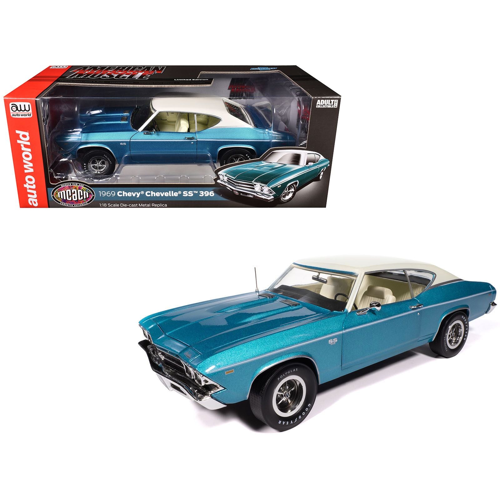 1969 Chevrolet Chevelle SS 396 Azure Turquoise Metallic with White Stripes White Vinyl Top and Interior "Muscle Car & Corvette Nationals" (MCACN) "American Muscle" Series 1/18 Diecast Model Car by Auto World