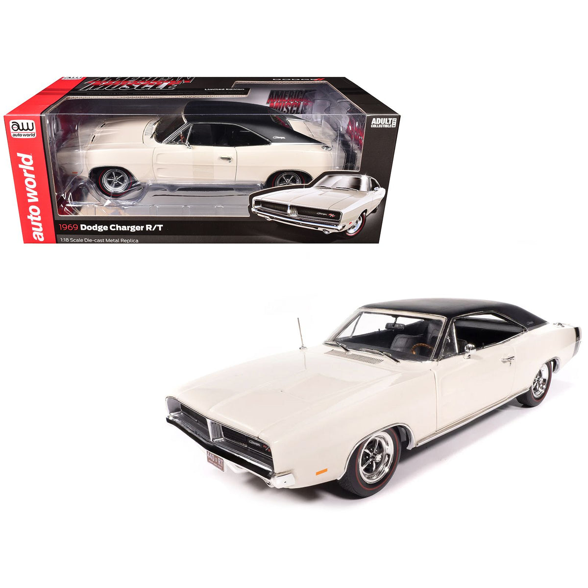 1969 Dodge Charger R/T W1 White with Black Vinyl Top and Black Tail Stripe "American Muscle" Series 1/18 Diecast Model Car by Auto World