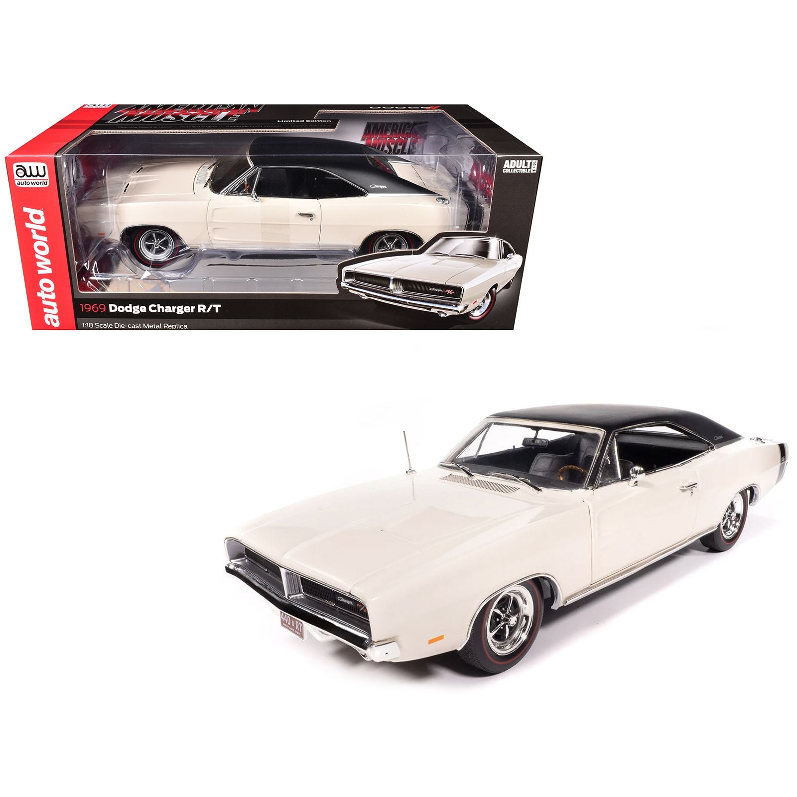 1969 Dodge Charger R/T W1 White with Black Vinyl Top and Black Tail Stripe "American Muscle" Series 1/18 Diecast Model Car by Auto World