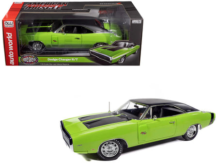 1970 Dodge Charger R/T "Muscle Car & Corvette Nationals" (MCACN) Sublime Green with Black Stripes and Black Vinyl Top "American Muscle" Series 1/18 Diecast Model Car by Auto World