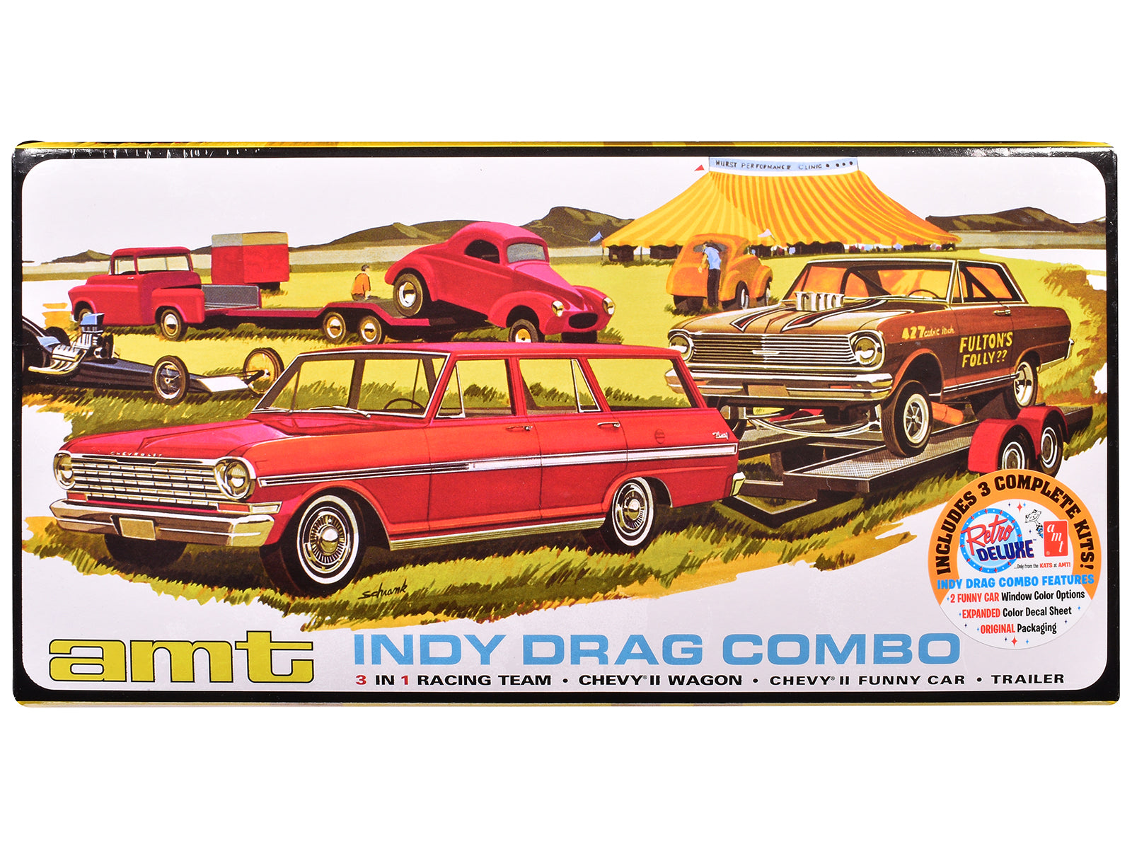 Skill 2 Model Kit Indy Drag Combo Chevrolet II Wagon and Funny Car with Trailer 3 in 1 Set 1/25 Scale Model by AMT