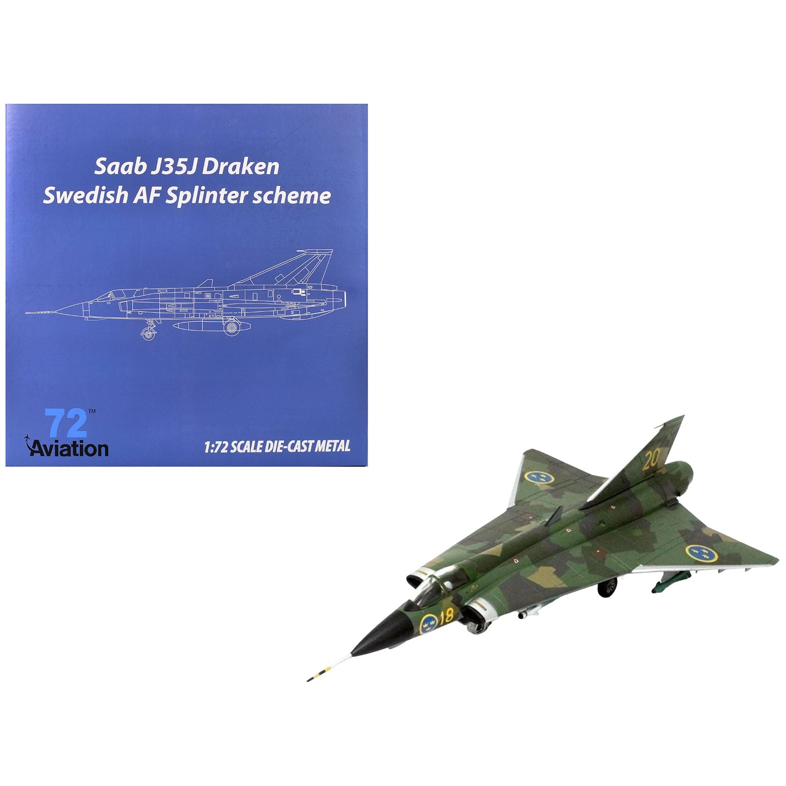 Saab J35J Draken Fighter Aircraft "Splinter Camouflage Scheme F 18 Sodertorn Wing" (1972) Swedish Air Force 1/72 Diecast Model Airplane by Aviation 72