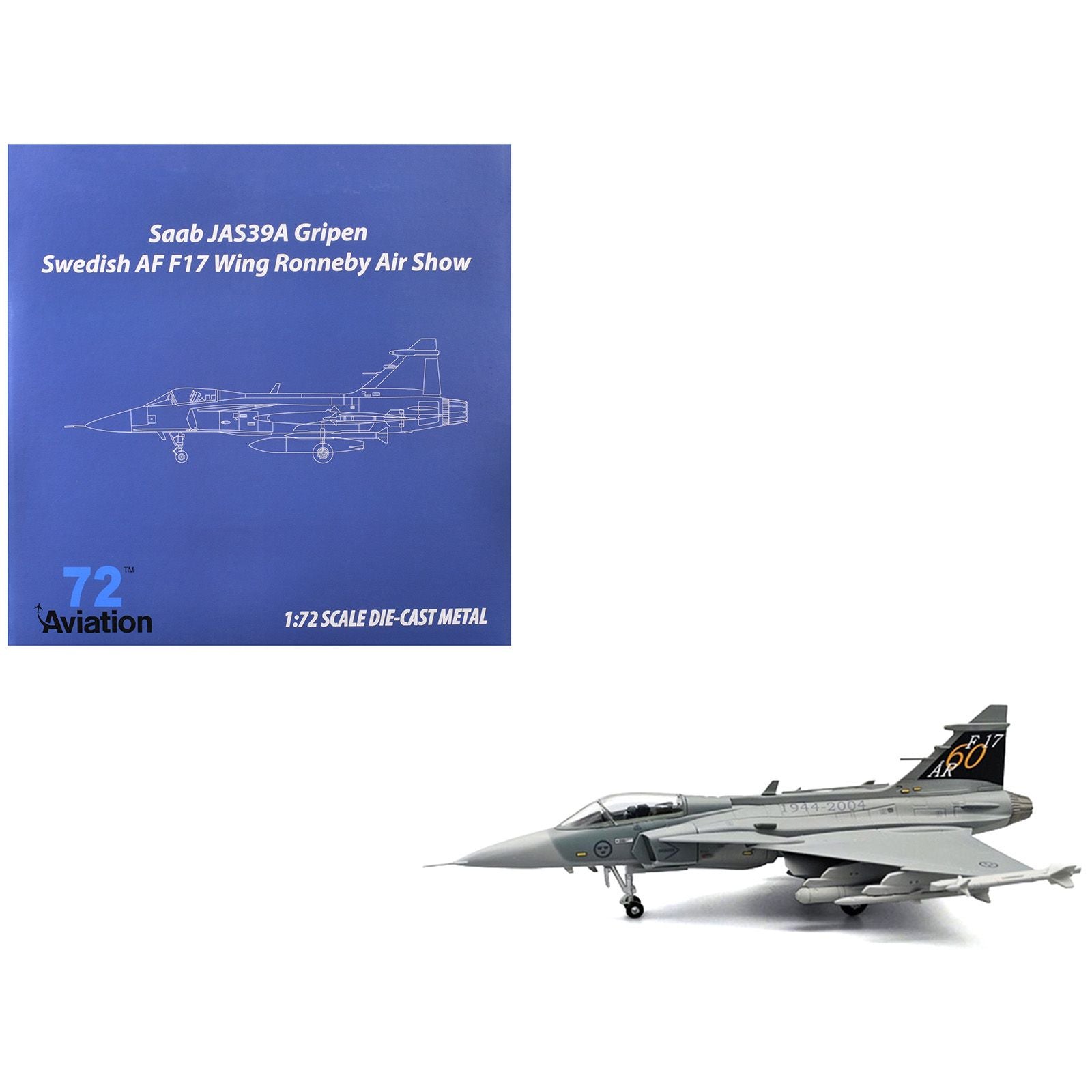 Saab JAS 39A Gripen Fighter Aircraft "17 Wing 60th Anniversary Livery Ronneby Air Show" (2004) Swedish Air Force 1/72 Diecast Model Airplane by Aviation 72