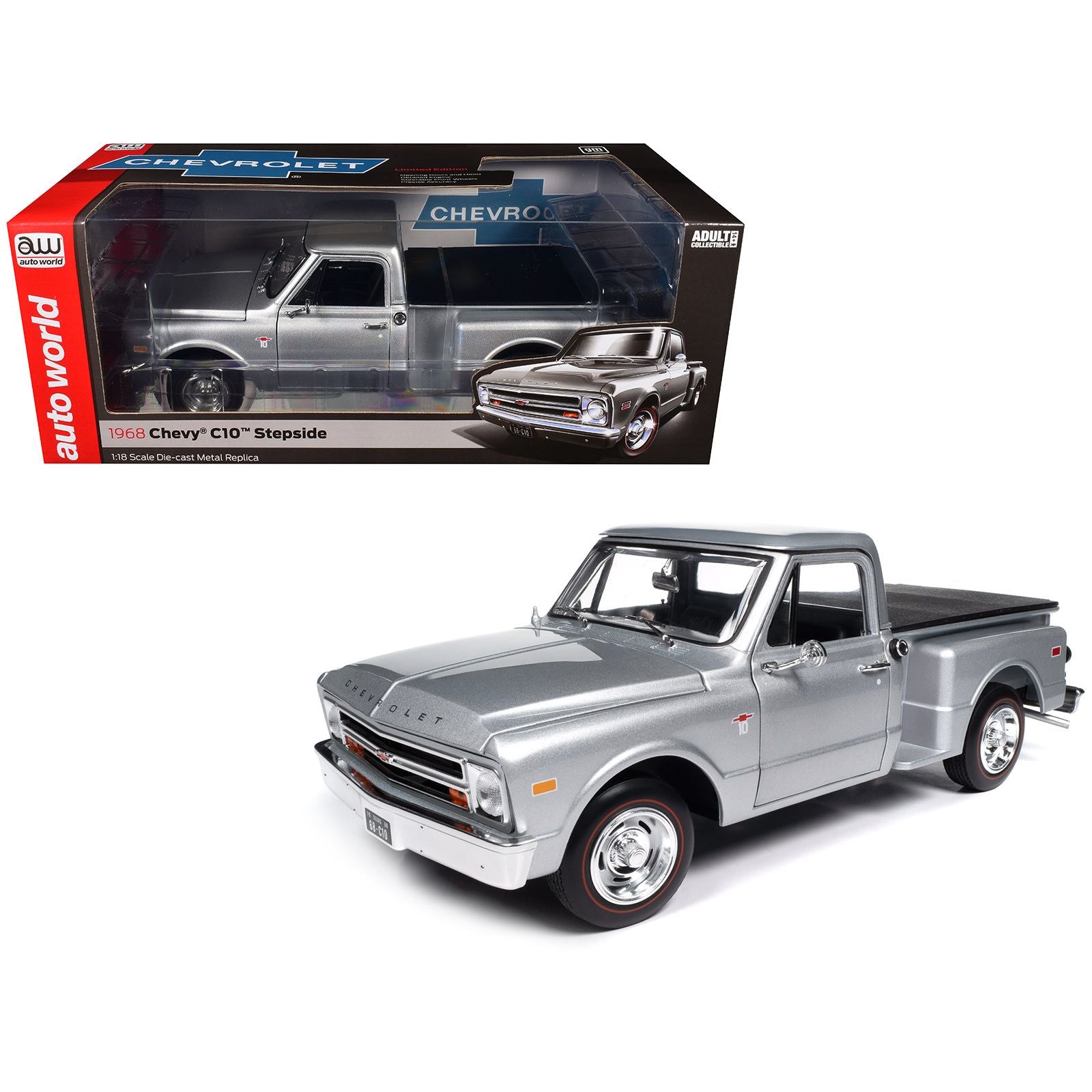 1968 Chevrolet C10 Stepside Pickup Truck Silver Metallic 1/18 Diecast Model Car by Auto World