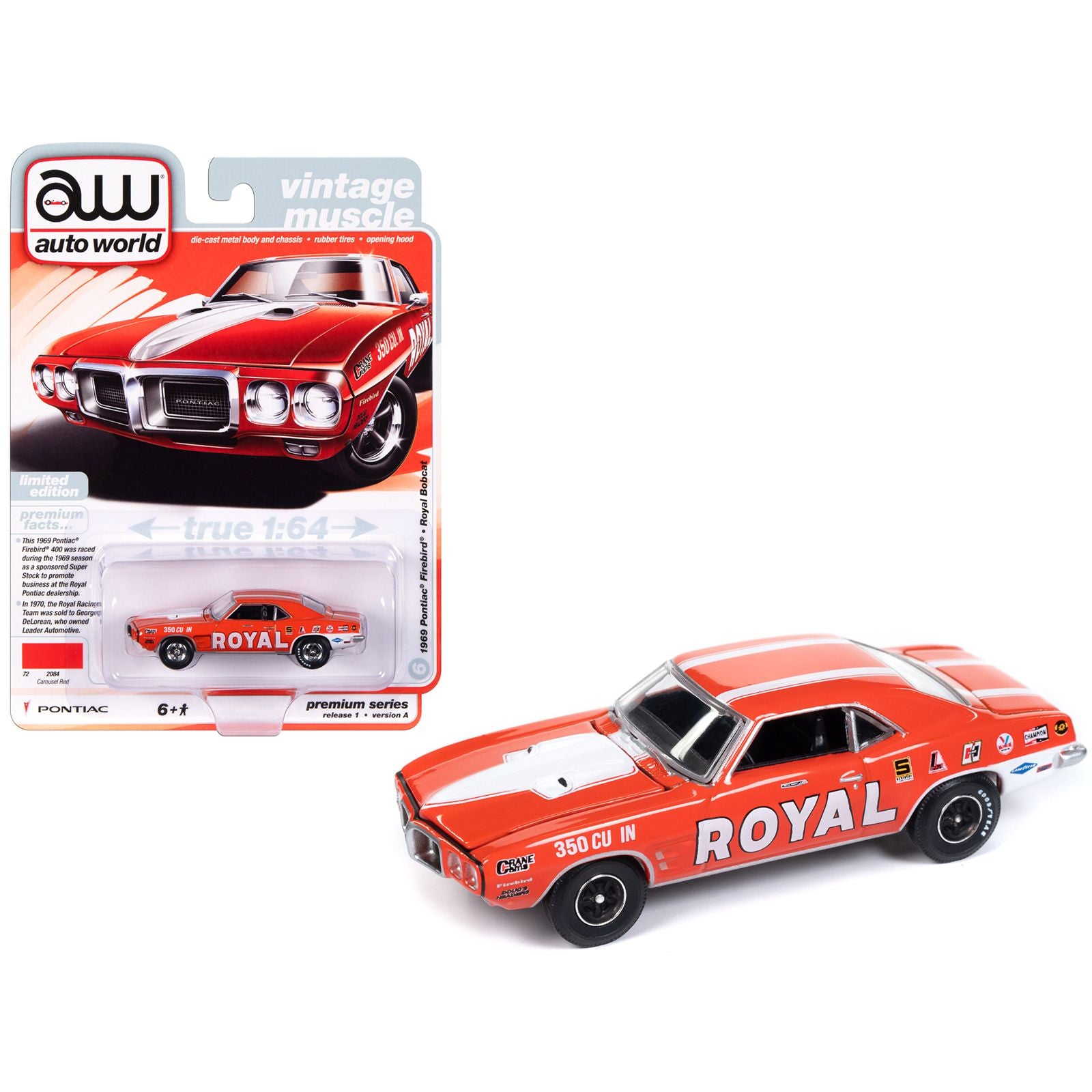 1969 Pontiac Firebird Royal Bobcat Carousel Red with White Stripes and Graphics "Vintage Muscle" Limited Edition 1/64 Diecast Model Car by Auto World