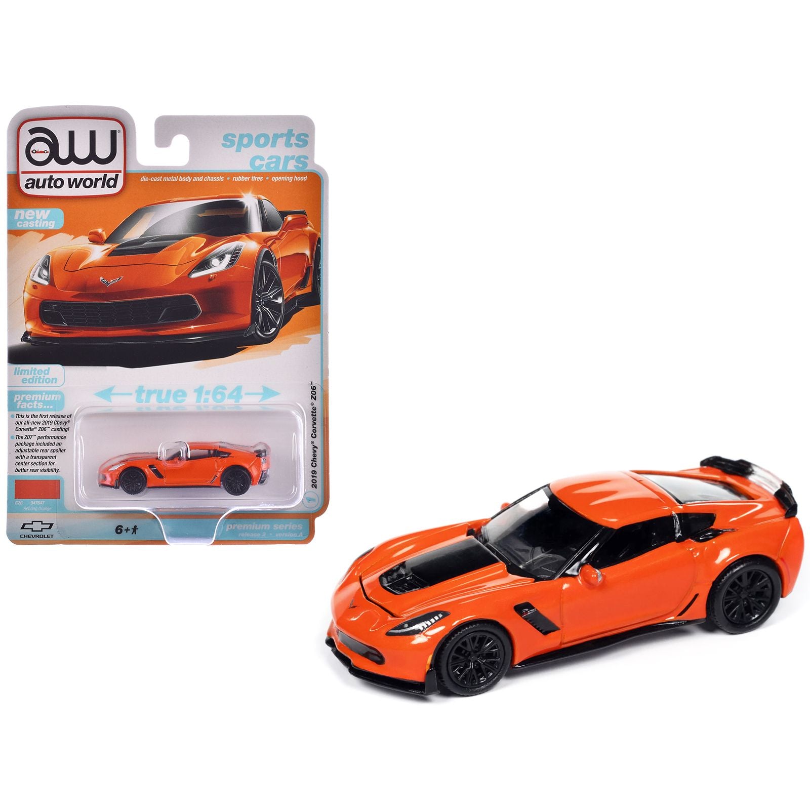 2019 Chevrolet Corvette Z06 Sebring Orange with Black Hood "Sports Cars" Series 1/64 Diecast Model Car by Auto World
