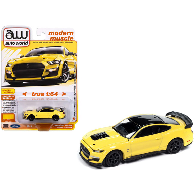 2021 Ford Mustang Shelby GT500 Carbon Fiber Track Pack Grabber Yellow with Black Top "Modern Muscle" Series 1/64 Diecast Model Car by Auto World
