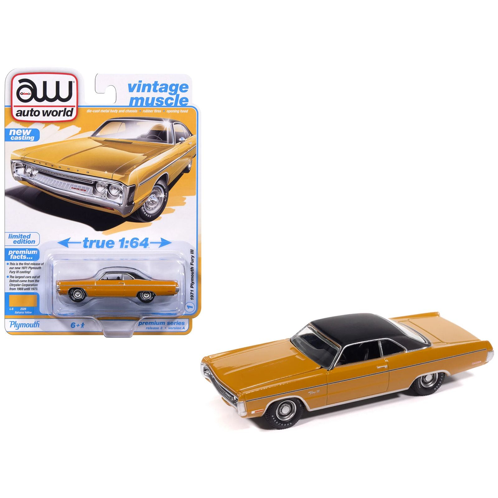 1971 Plymouth Fury III Bahama Yellow with Black Top "Vintage Muscle" Series 1/64 Diecast Model Car by Auto World