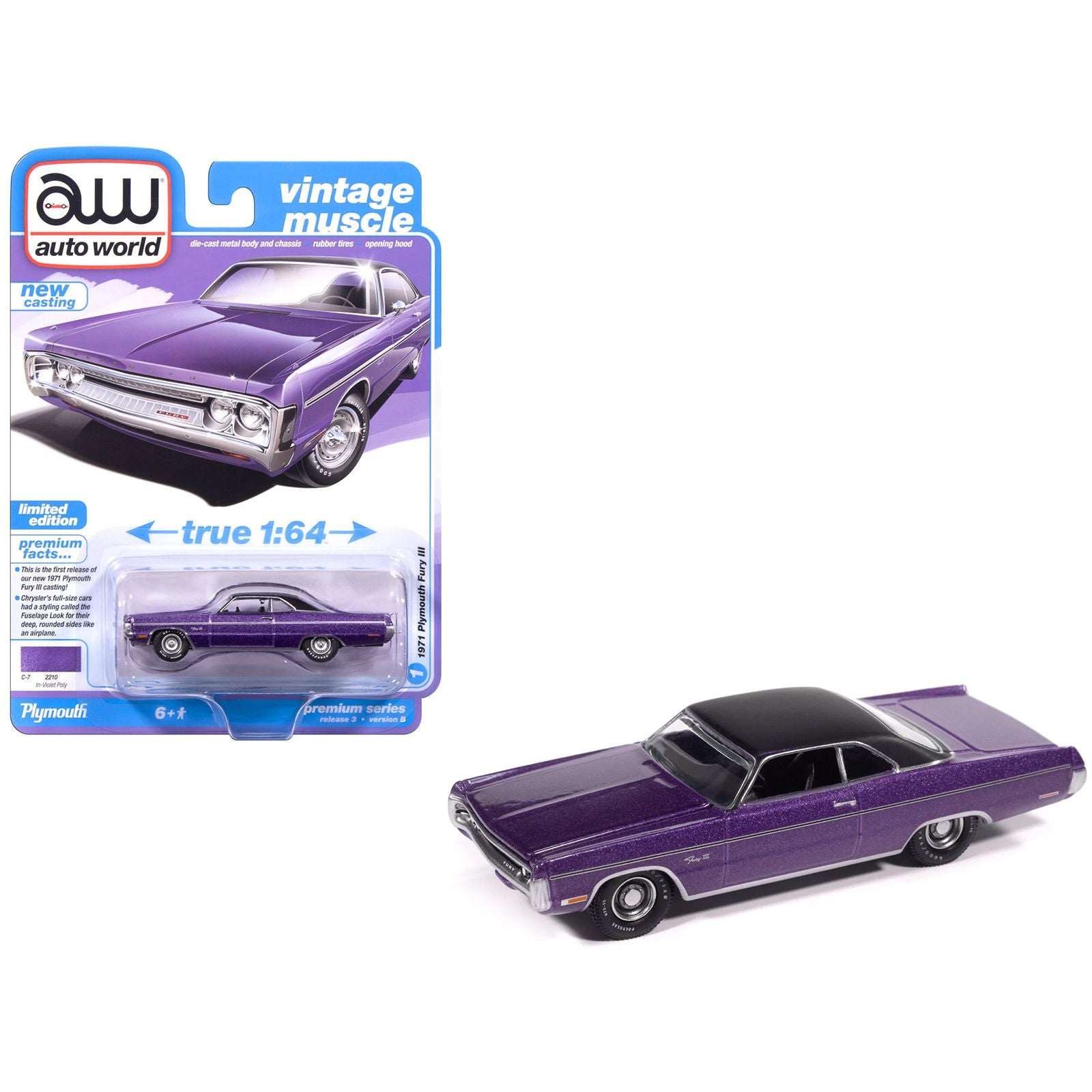 1971 Plymouth Fury III In-Violet Metallic with Black Top "Vintage Muscle" Series 1/64 Diecast Model Car by Auto World