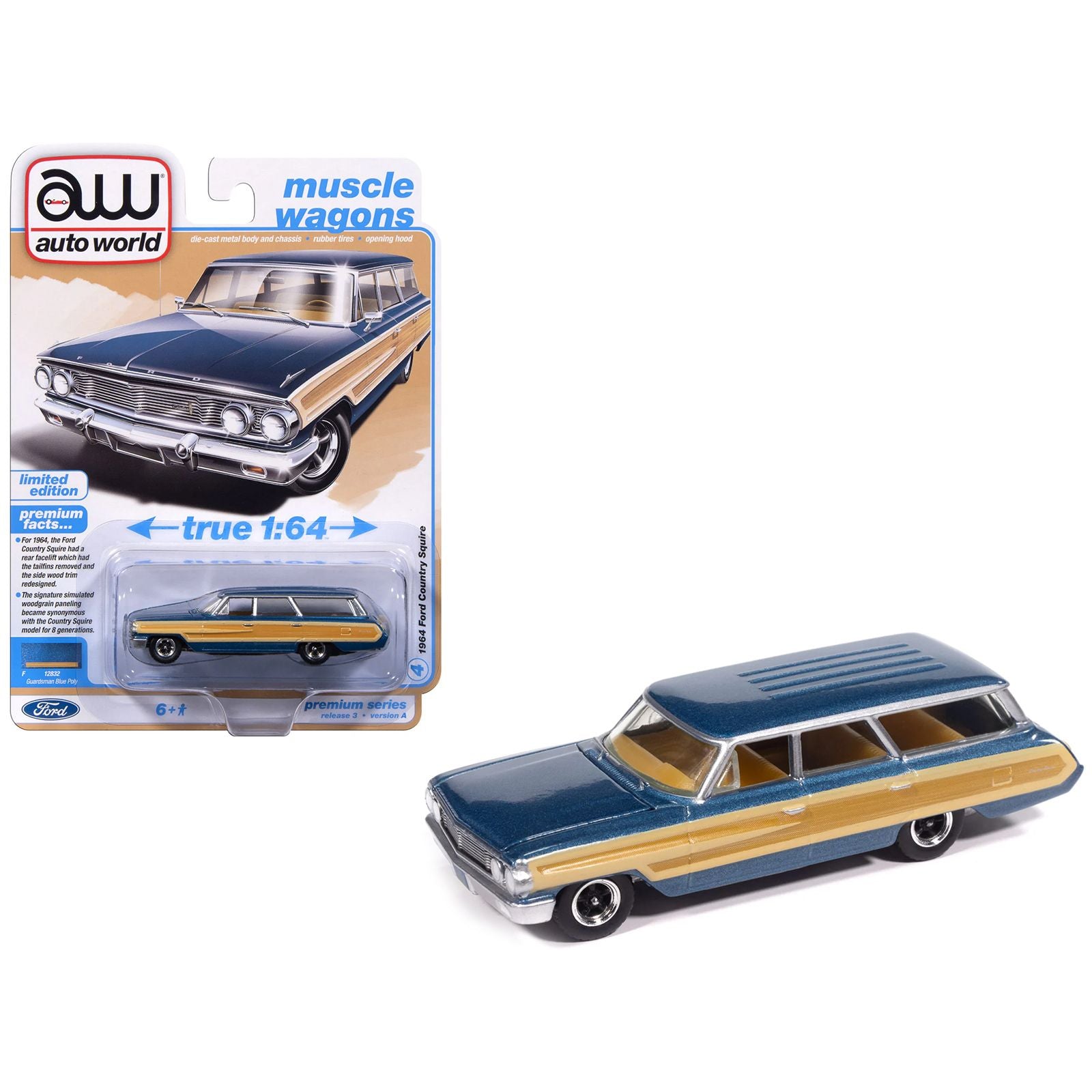 1964 Ford Country Squire Guardsman Blue Metallic with Woodgrain Sides "Muscle Wagons" Series 1/64 Diecast Model Car by Auto World