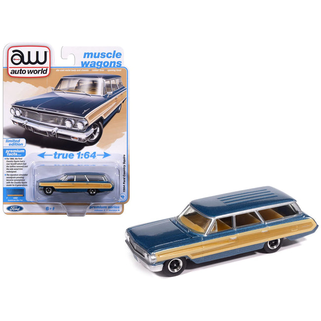 1964 Ford Country Squire Guardsman Blue Metallic with Woodgrain Sides "Muscle Wagons" Series 1/64 Diecast Model Car by Auto World