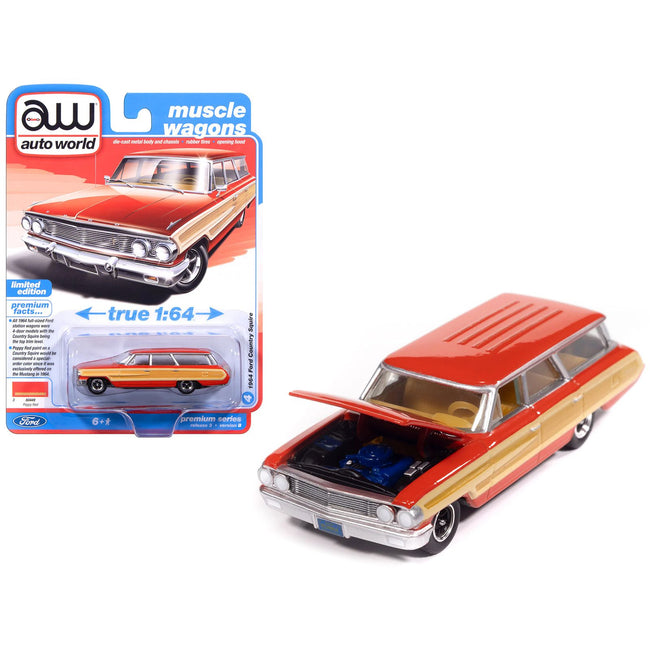 1964 Ford Country Squire Poppy Red with Woodgrain Sides "Muscle Wagons" Series 1/64 Diecast Model Car by Auto World
