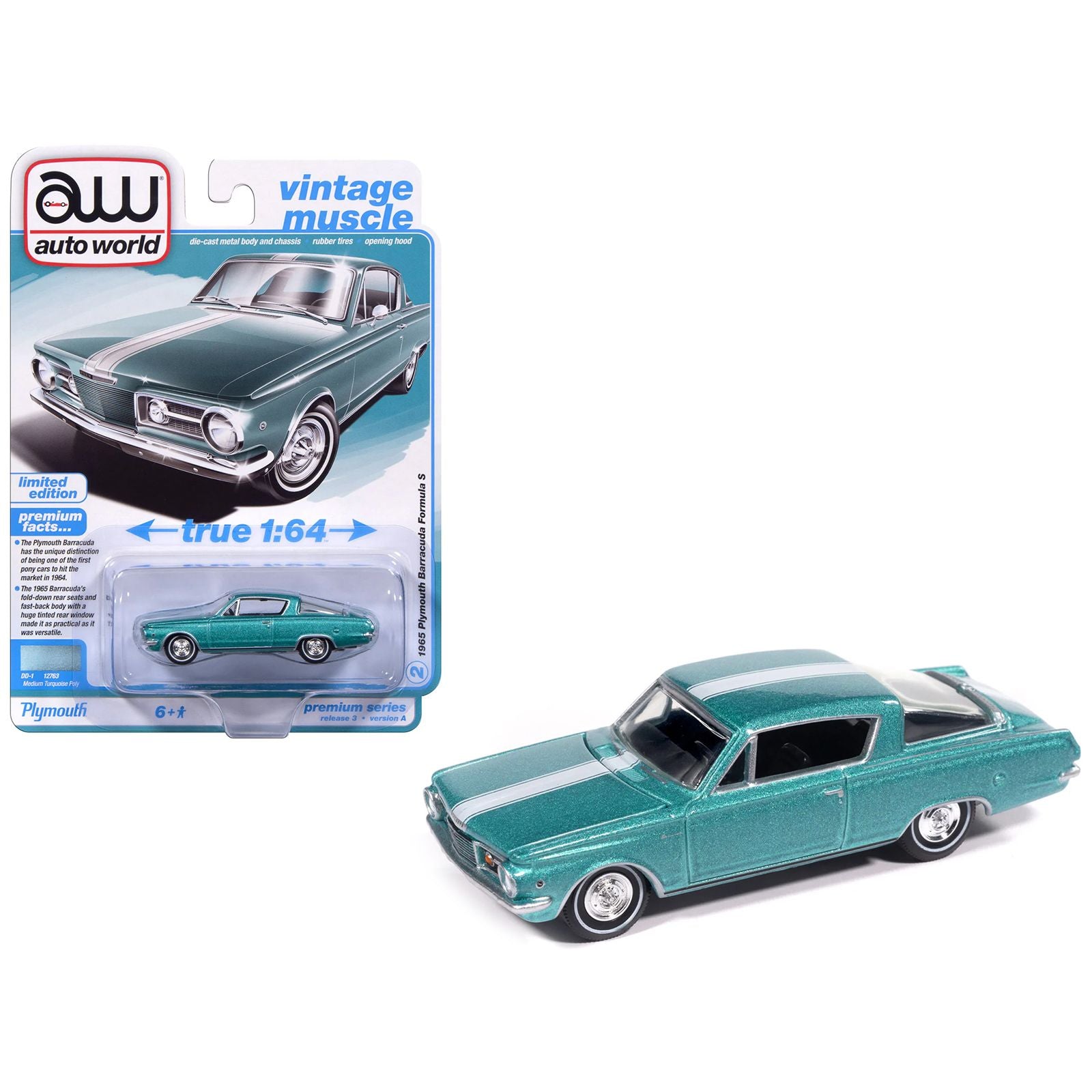 1965 Plymouth Barracuda Formula S Turquoise Metallic with White Stripe "Vintage Muscle" Series 1/64 Diecast Model Car by Auto World