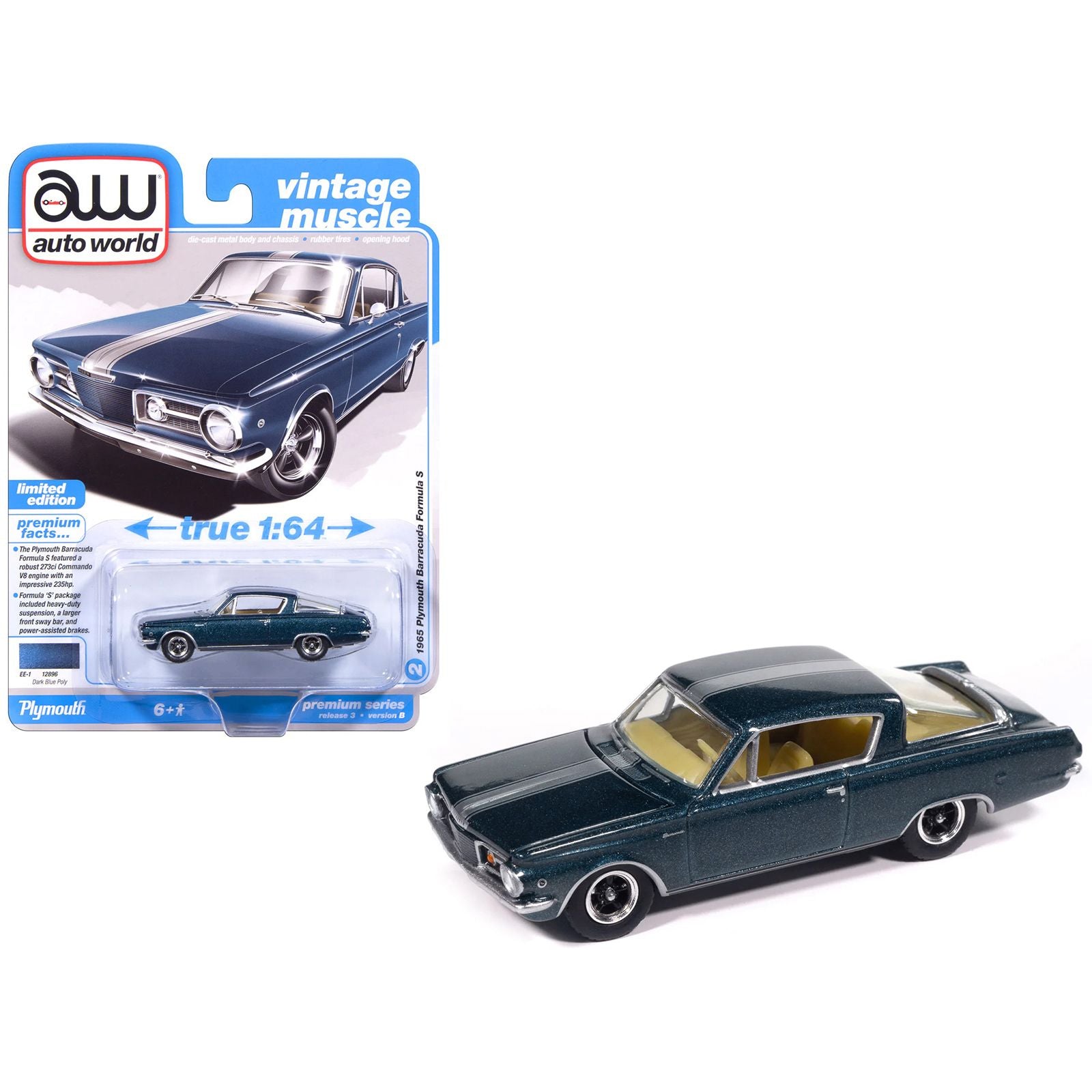 1965 Plymouth Barracuda Formula S Dark Blue Metallic with Silver Stripe "Vintage Muscle" Series 1/64 Diecast Model Car by Auto World