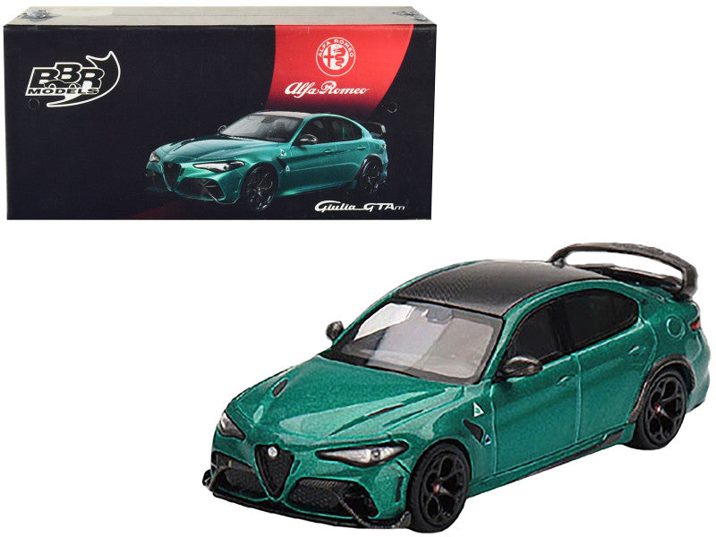 Alfa Romeo Giulia GTAm Verde Montreal Green Metallic with Carbon Top 1/64 Diecast Model Car by BBR