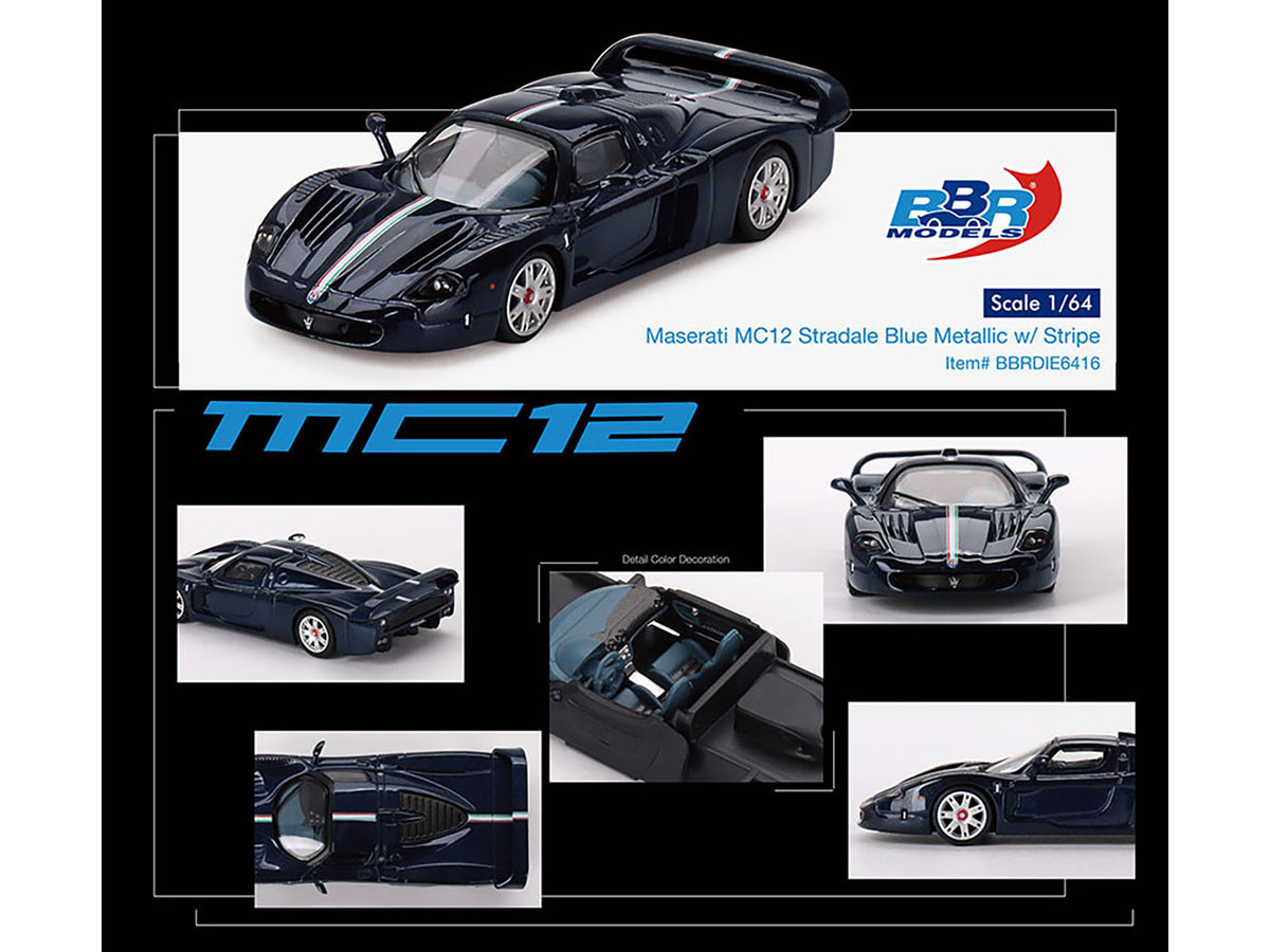 Maserati MC12 Stradale Blue Metallic with White Stripe 1/64 Diecast Model Car by BBR