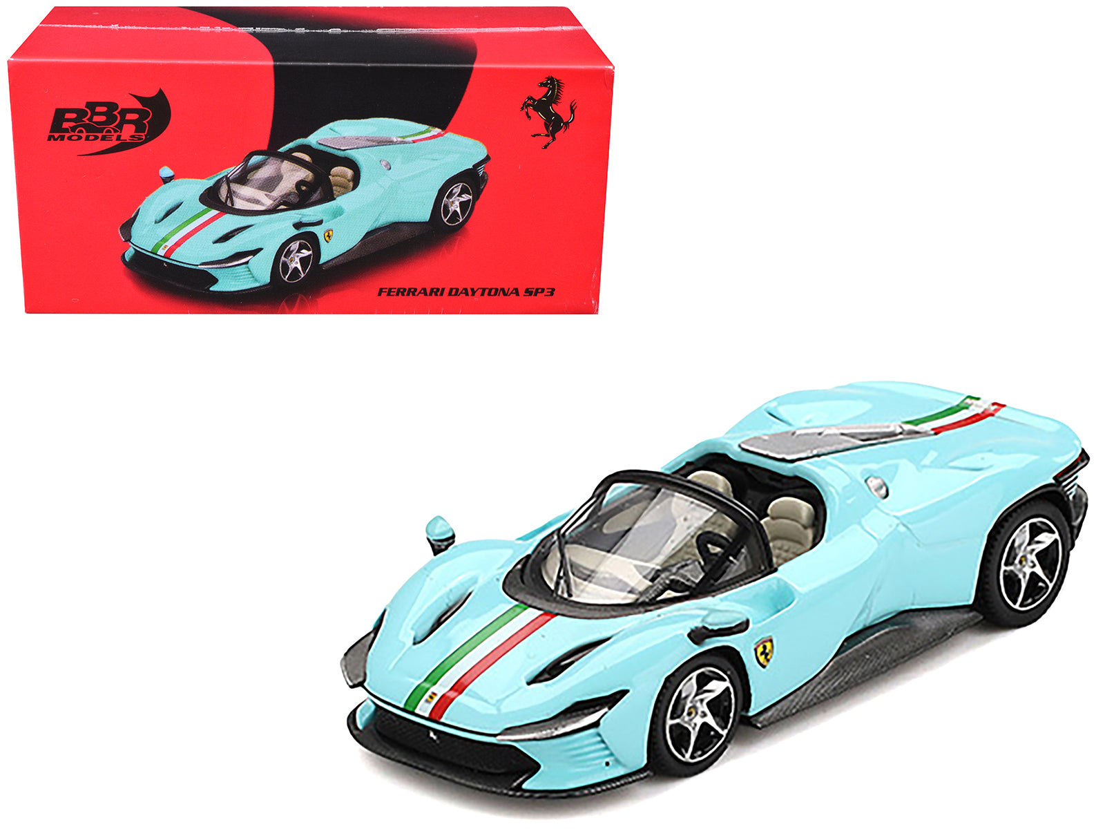 Ferrari Daytona SP3 Light Blue with Italian Flag Stripes 1/64 Diecast Model Car by BBR