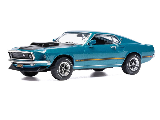 1969 Ford Mustang Mach 1 Blue Metallic with Matt Black Hood and Yellow Stripes 1/43 Diecast Model Car by IXO Models