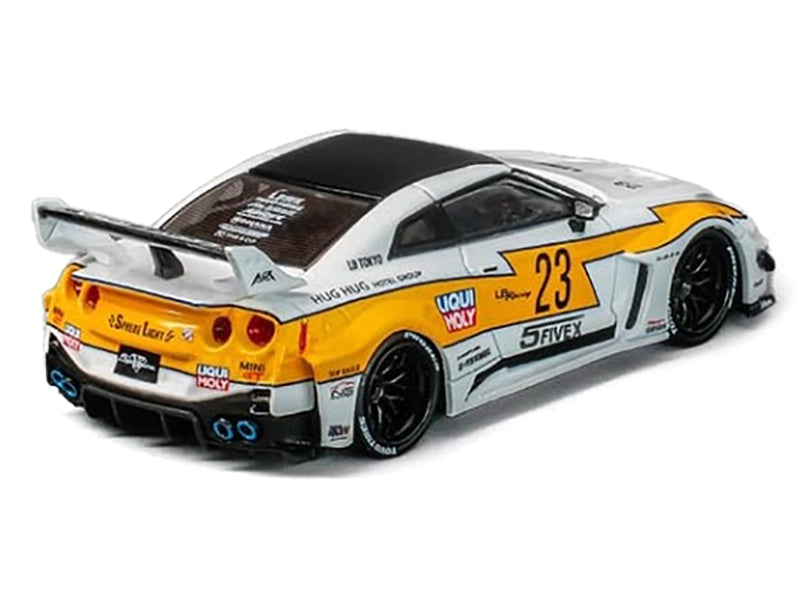 Nissan 35GT-RR "LB-Silhouette Works GT" RHD (Right Hand Drive) #23 White with Yellow Graphics with Extra Wheels 1/64 Diecast Model Car by CM Models