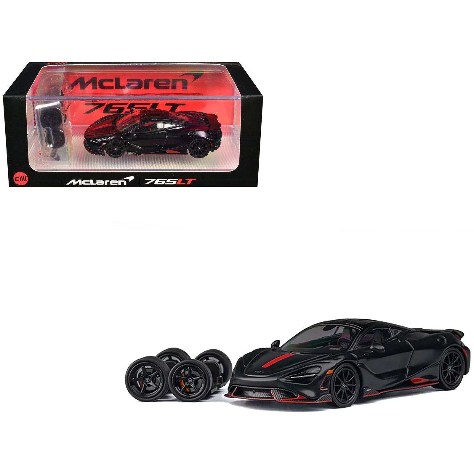 McLaren 765LT Matt Black with Red Accents and Extra Wheels 1/64 Diecast Model Car by CM Model