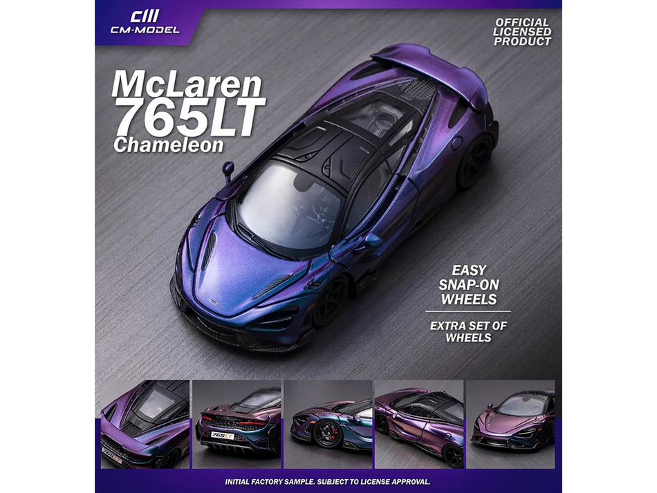 McLaren 765LT Chameleon Purple with Black Top and Extra Wheels 1/64 Diecast Model Car by CM Models