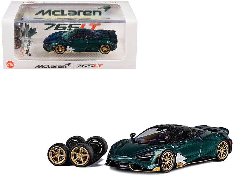 McLaren 765LT Racing Green Metallic with Black Top and Extra Wheels 1/64 Diecast Model Car by CM Models