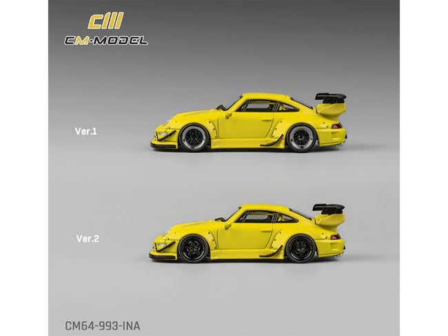 993 Widebody Yellow with Extra Wheels and Spoiler 1/64 Diecast Model Car by CM Model