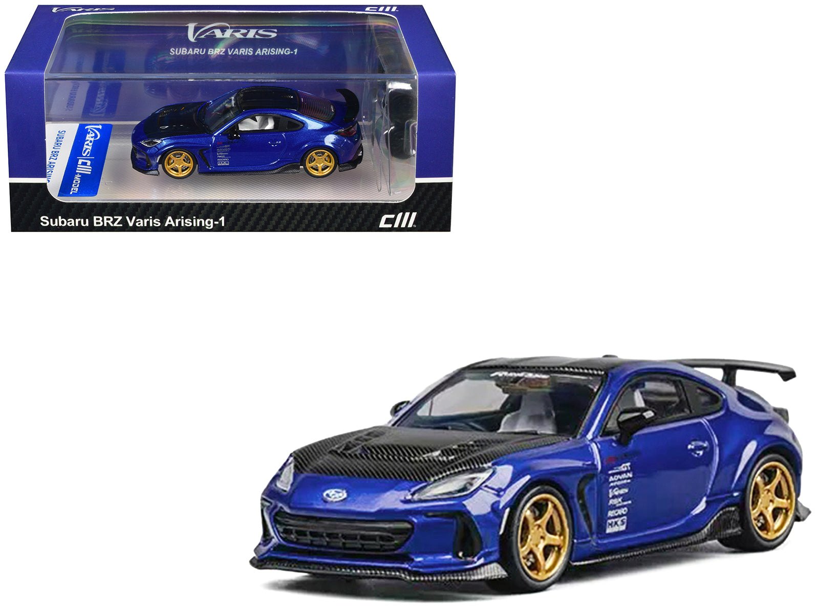 Subaru BRZ Varis Arising-1 RHD (Right Hand Drive) Blue Metallic with Carbon Hood and Top and Extra Wheels 1/64 Diecast Model Car by CM Models