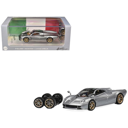 Pagani Huayra Codalunga Silver Metallic with Sunroof and Extra Wheels 1/64 Diecast Model Car by CM Model
