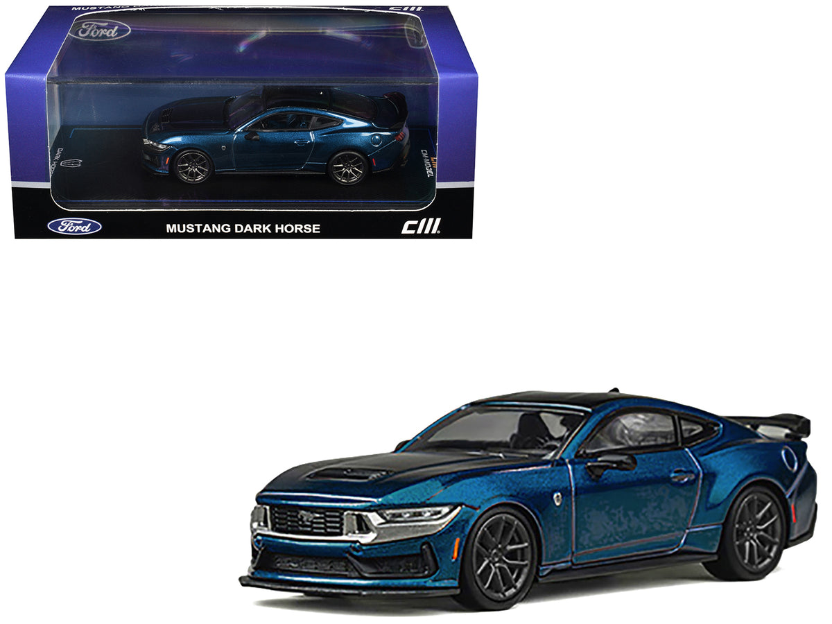 Ford Mustang Dark Horse Blue Metallic with Matt Black Hood and Black Top 1/64 Diecast Model Car by CM Models
