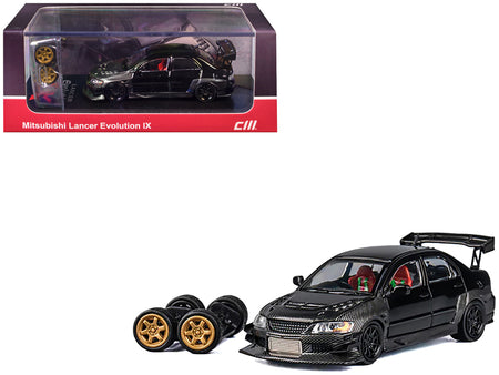 Mitsubishi Lancer Evolution IX RHD (Right Hand Drive) Black and Carbon with Extra Wheels 1/64 Diecast Model Car by CM Model