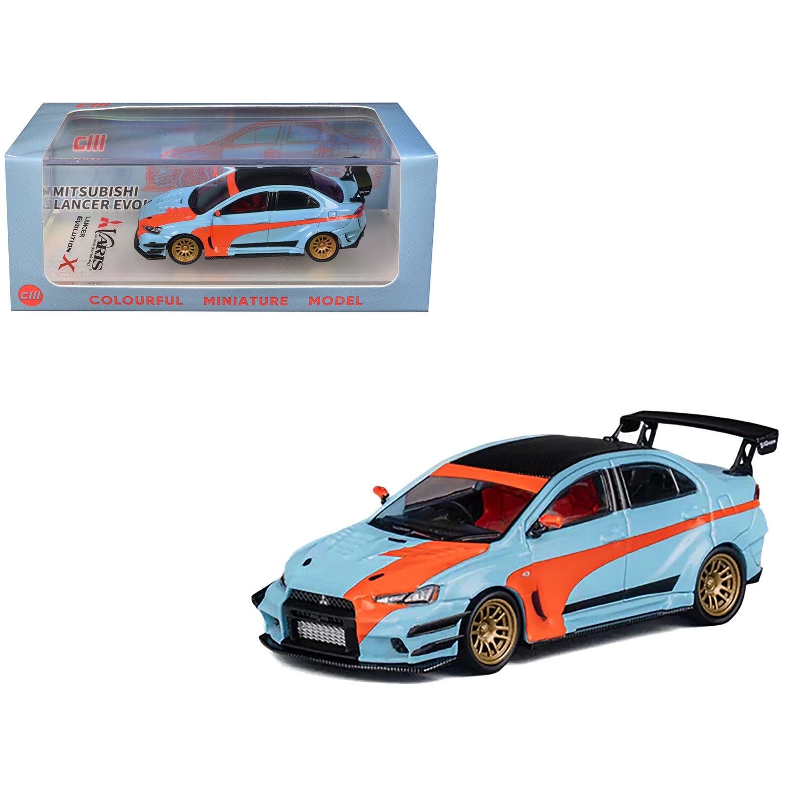 Mitsubishi Lancer Evolution X Varis RHD (Right Hand Drive) Light Blue with Black Top and Orange Stripes 1/64 Diecast Model Car by CM Model