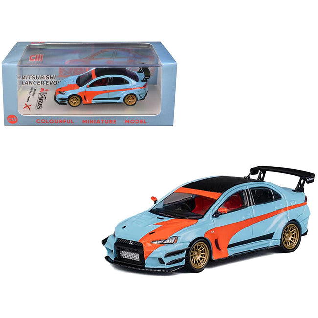 Mitsubishi Lancer Evolution X Varis RHD (Right Hand Drive) Light Blue with Black Top and Orange Stripes 1/64 Diecast Model Car by CM Model