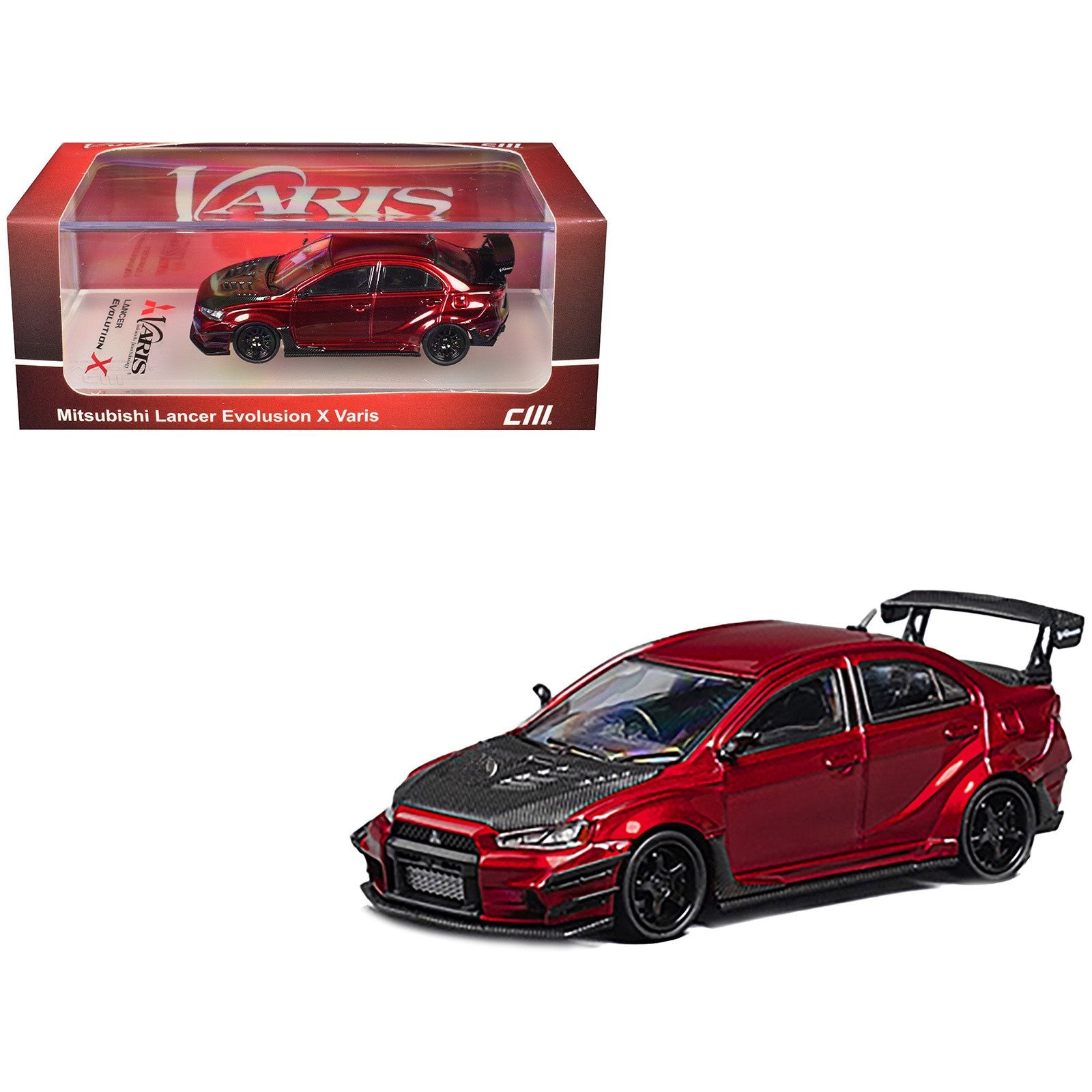 Mitsubishi Lancer Evolution X Varis RHD (Right Hand Drive) Red Metallic with Carbon Hood 1/64 Diecast Model Car by CM Model
