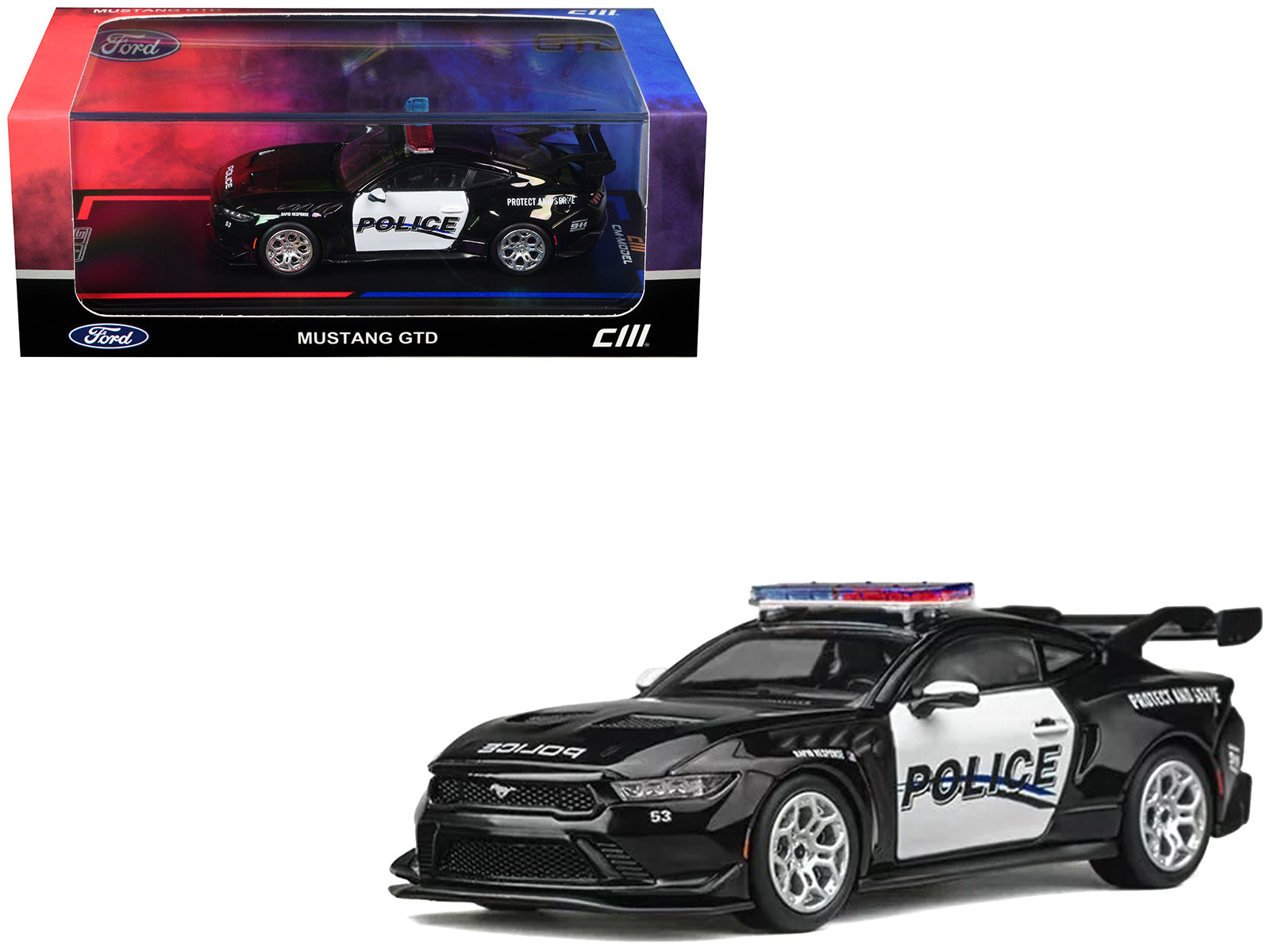 Ford Mustang GTD "Police" Black and White 1/64 Diecast Model Car by CM Models