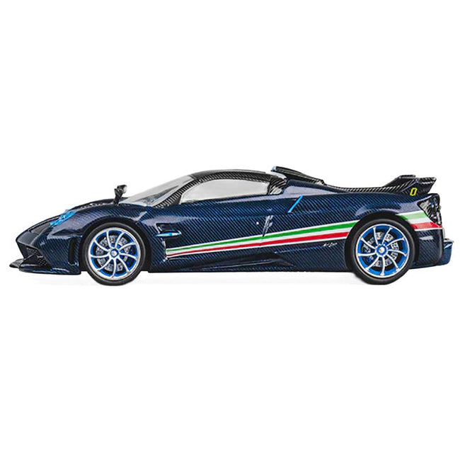 Pagani Huayra Tricolore Blue Carbon Metallic with Black Carbon Top and Italian Flag Stripes 1/64 Diecast Model Car by CM Model