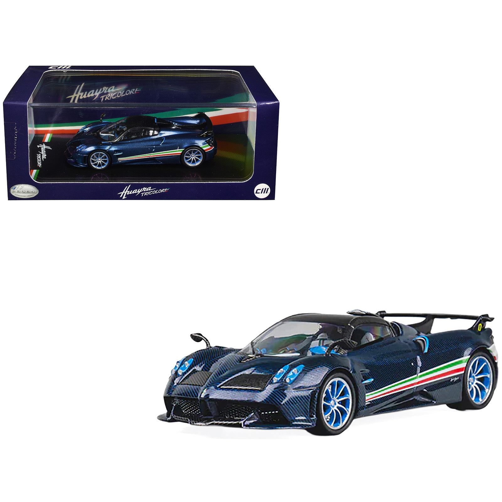Pagani Huayra Tricolore Blue Carbon Metallic with Black Carbon Top and Italian Flag Stripes 1/64 Diecast Model Car by CM Model