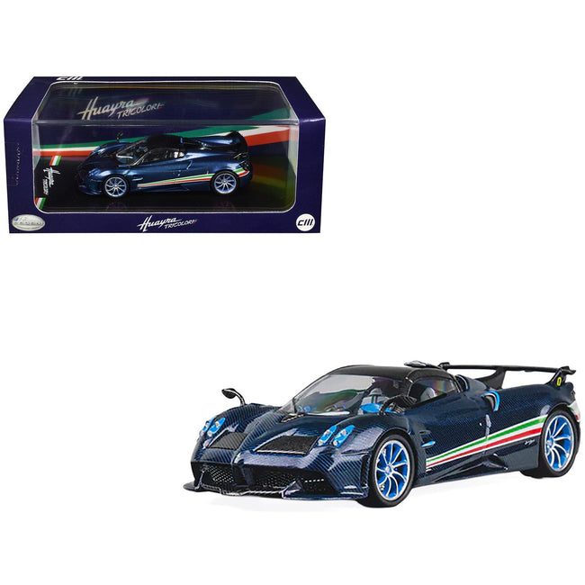Pagani Huayra Tricolore Blue Carbon Metallic with Black Carbon Top and Italian Flag Stripes 1/64 Diecast Model Car by CM Model