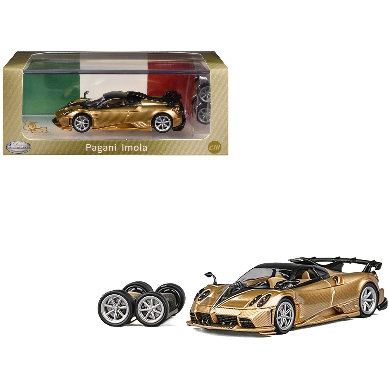 Pagani Imola Gold Carbon Metallic with Black Carbon Top with Extra Wheels 1/64 Diecast Model Car by CM Model