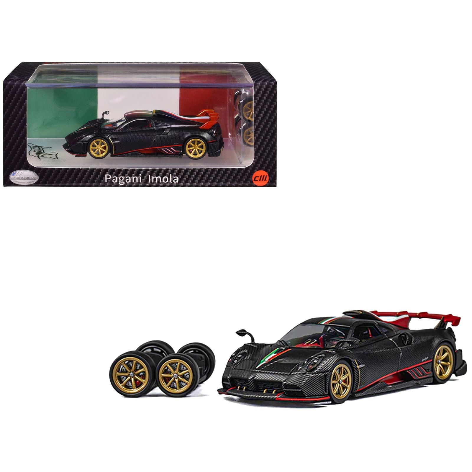 Pagani Imola Black Carbon with Italian Flag Stripes with Extra Wheels 1/64 Diecast Model Car by CM Model