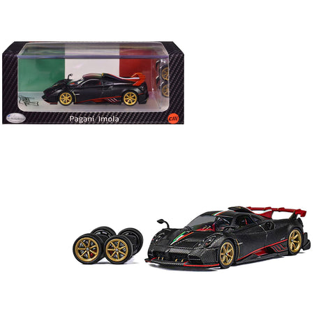 Pagani Imola Black Carbon with Italian Flag Stripes with Extra Wheels 1/64 Diecast Model Car by CM Model