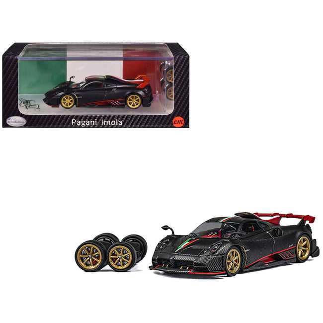Pagani Imola Black Carbon with Italian Flag Stripes with Extra Wheels 1/64 Diecast Model Car by CM Model