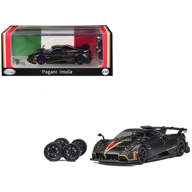 Pagani Imola Black Carbon with Red and Gold Stripes with Extra Wheels 1/64 Diecast Model Car by CM Model