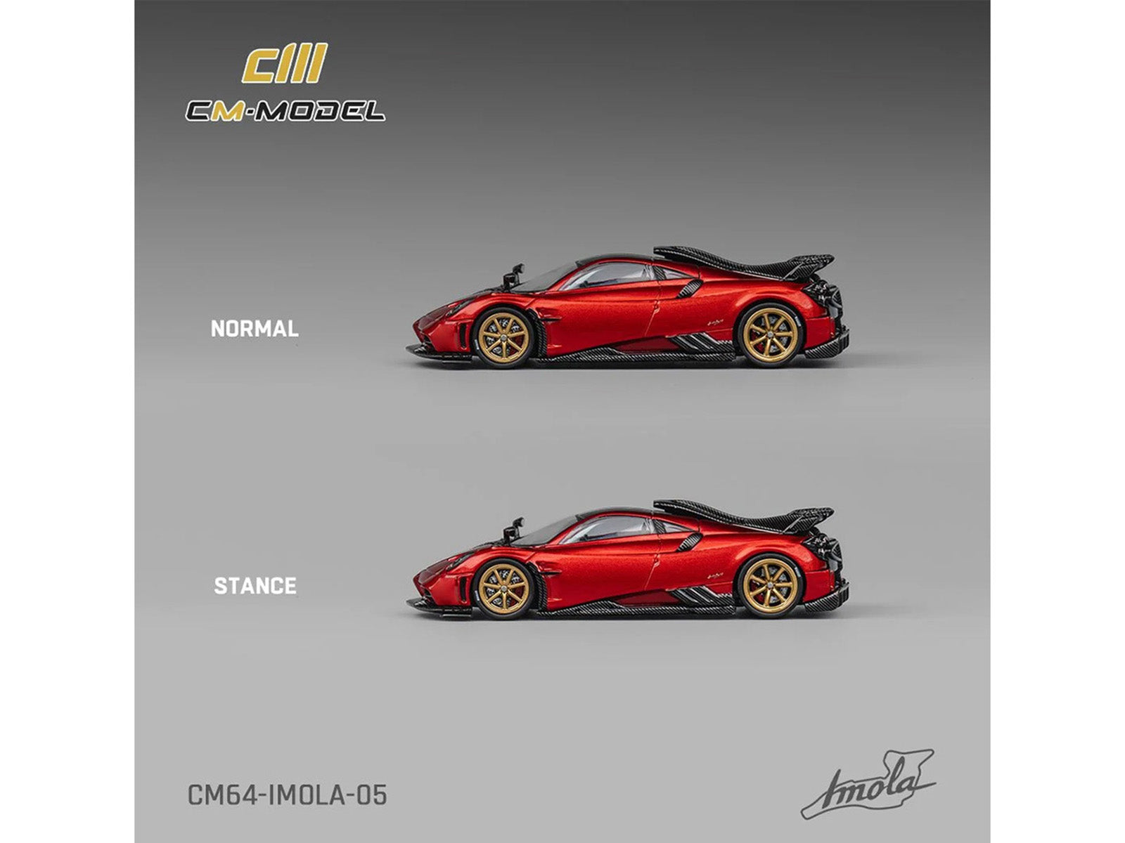 CM64 Imola Red Pagani model car normal and stance views